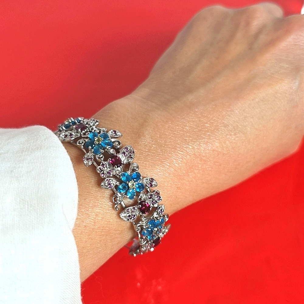 925 Sterling Silver Bangle with Natural Rhodolite Garnet, Apatite Gemstone